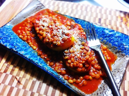 Baked Polenta with Tomato sauce and Lentils