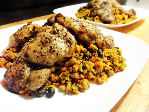 Tomateo Cococus with lentils, black beans and jerk chicken.